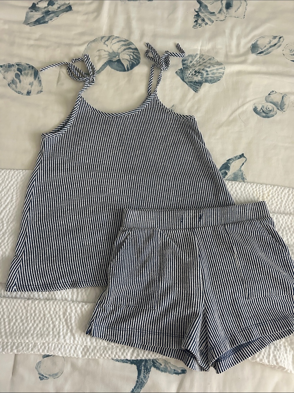 Women’s Navy & White Striped Tie-Shoulder Pajama Set